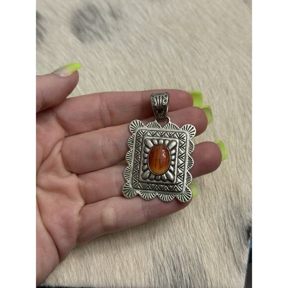 Carolyn Pollack Relios Sterling Silver Orange Spiny Oyster Concho Stamp Pendant